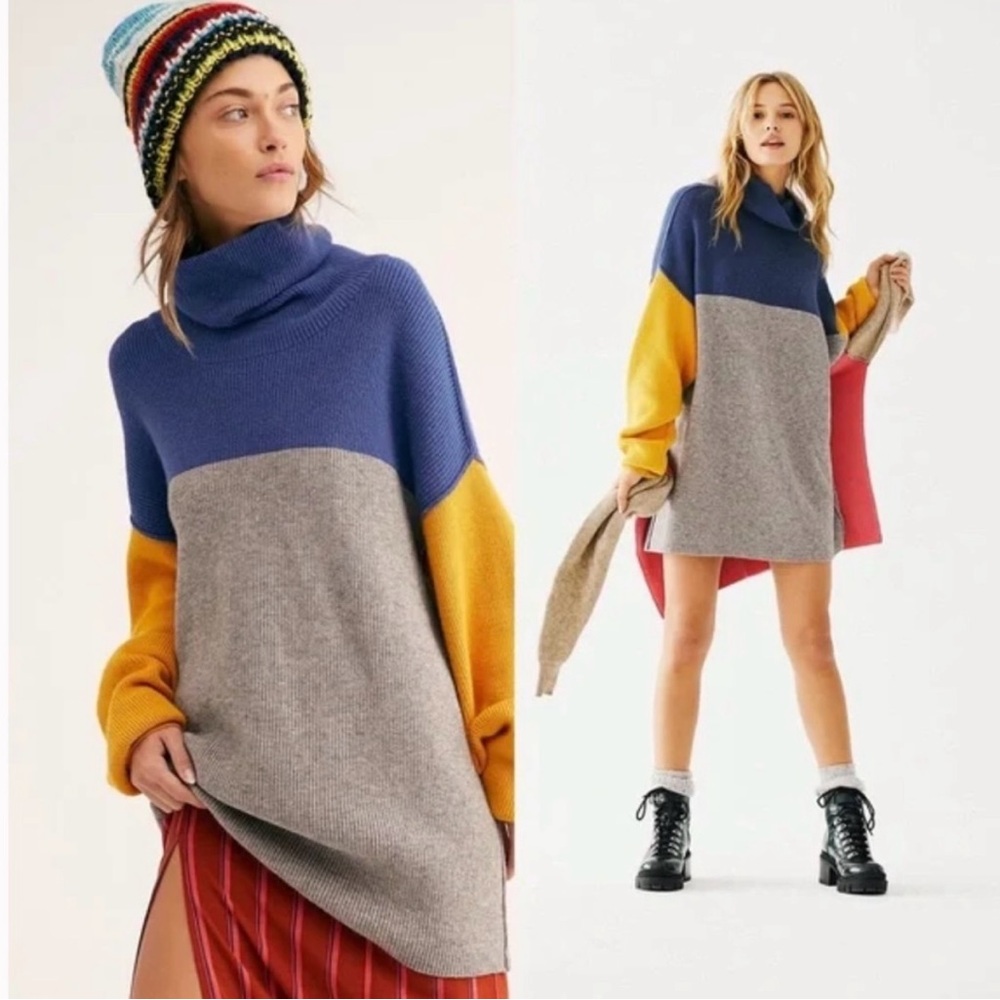 NWT Free People Structured Color Block Tunic Turtleneck Sweater Size XS-OVERSIZE
